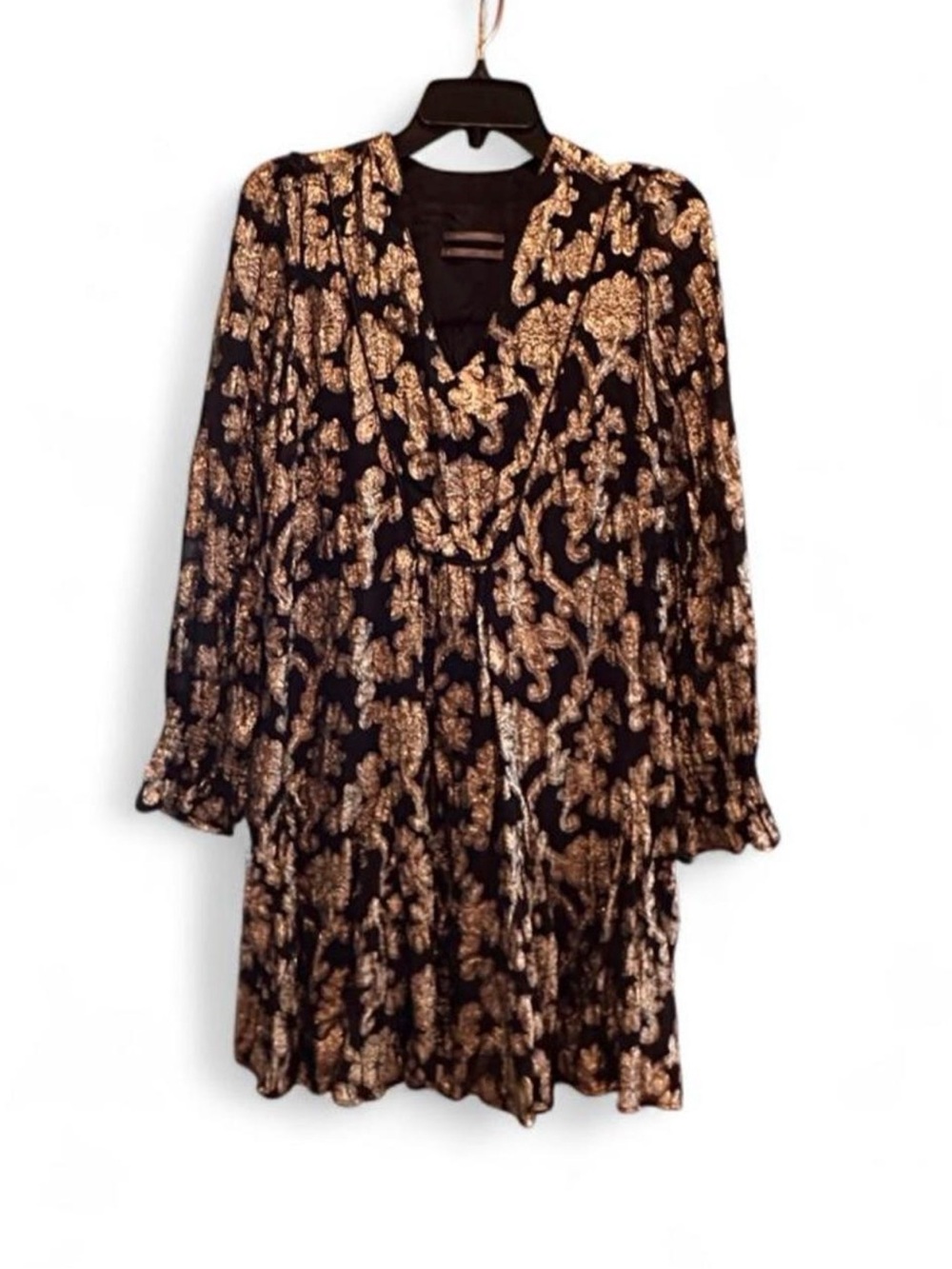 Anthropologie Black Gold Metallic Floral Long Sleeve Mini Dress Size Medium